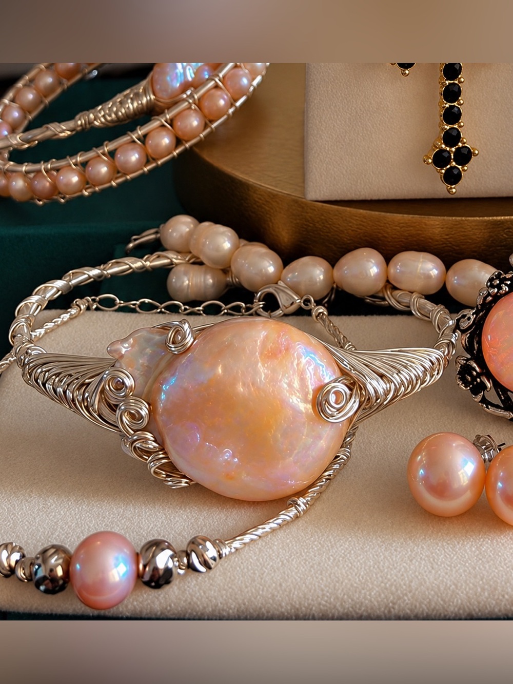 Whimsical Pumpkin Carriage Hand Wire Wrapped Pearl Bangle